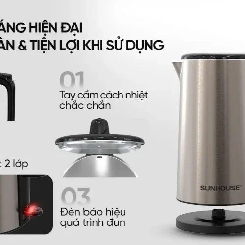 Ấm siêu tốc SUNHOUSE SHD1396 góc nghiêng với tay cầm, nắp và đế điện
