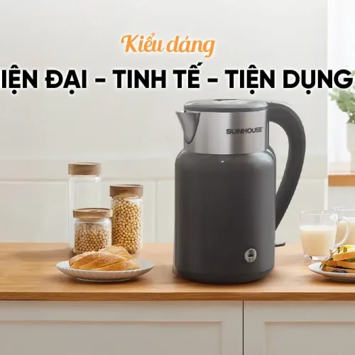 Ấm siêu tốc SUNHOUSE SHD1397 2 lít màu đen đặt trên bàn bếp