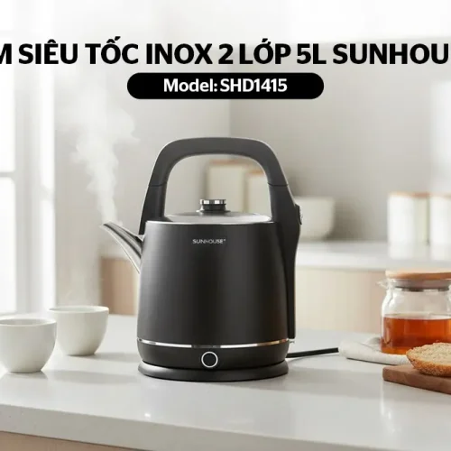 Ấm siêu tốc SUNHOUSE SHD1415 inox 2 lớp 5 lít màu đen trong gian bếp
