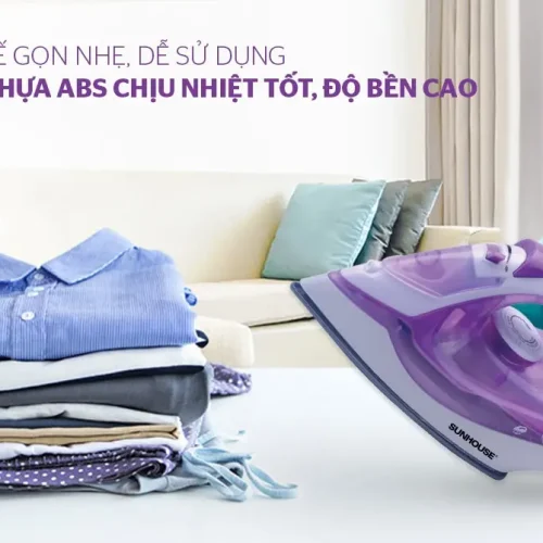Bàn ủi hơi nước SUNHOUSE SHD2063P 1600W màu tím bên quần áo gấp