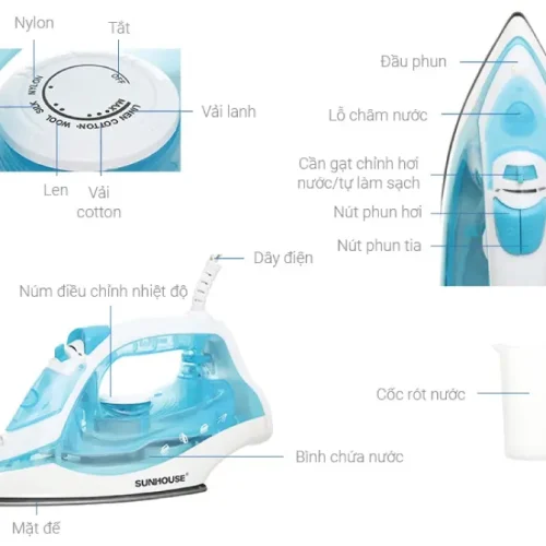 Bàn ủi hơi nước SUNHOUSE SHD2065 với núm chỉnh nhiệt độ và đầu phun hơi
