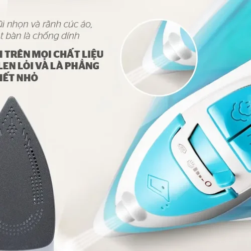 Bàn ủi hơi nước SUNHOUSE SHD2065 cận cảnh mặt đế và núm chỉnh hơi nước