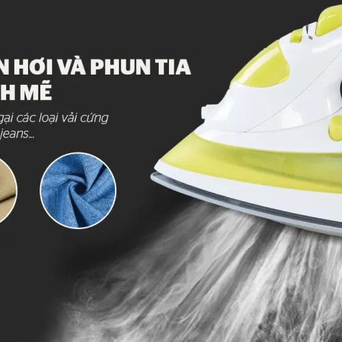 Bàn ủi hơi nước SUNHOUSE SHD2067 màu trắng xanh lá đang phun hơi nước