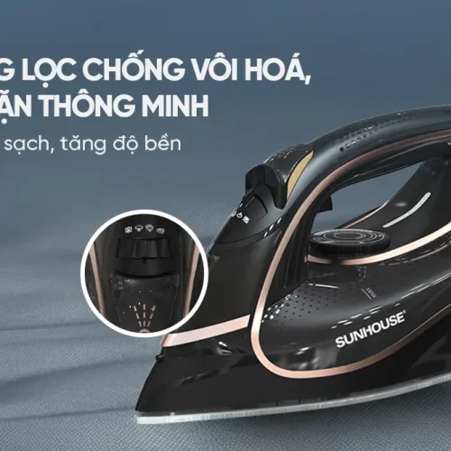 Bàn ủi hơi nước SUNHOUSE SHD2070 góc nghiêng, hiển thị bộ lọc chống vôi hóa