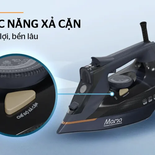 Bàn ủi hơi nước SUNHOUSE SHD2072 góc nghiêng, cận cảnh nút xả cặn