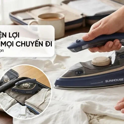 Bàn ủi hơi nước SUNHOUSE SHD2172 với tay cầm gập gọn đang ủi quần áo