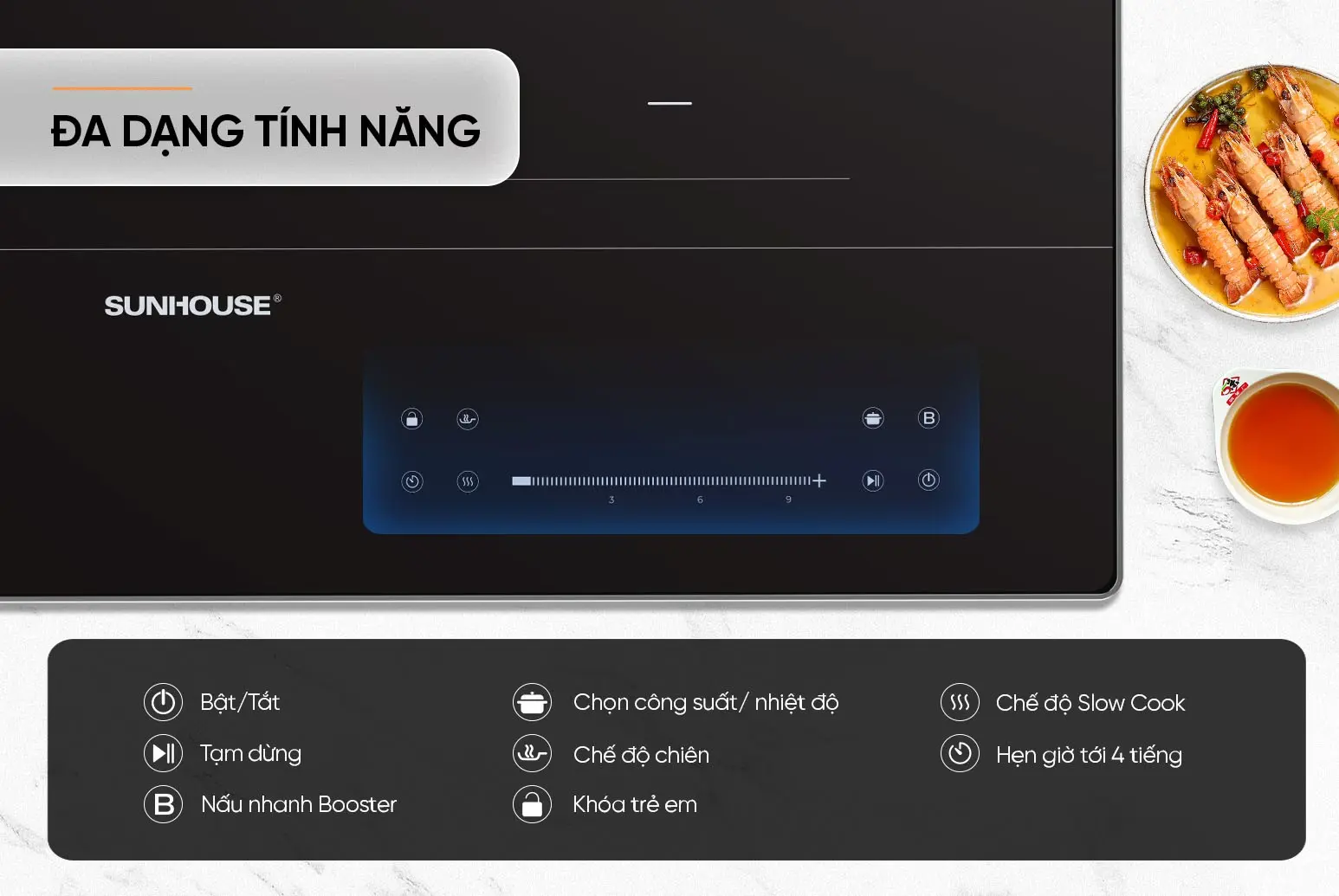 Bảng điều khiển cảm ứng bếp điện từ đôi SUNHOUSE SHB579-HD với chức năng Booster, hẹn giờ và khóa trẻ em