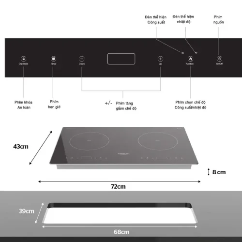 Bảng điều khiển cảm ứng và kích thước bếp điện từ đôi SUNHOUSE SHB999HP
