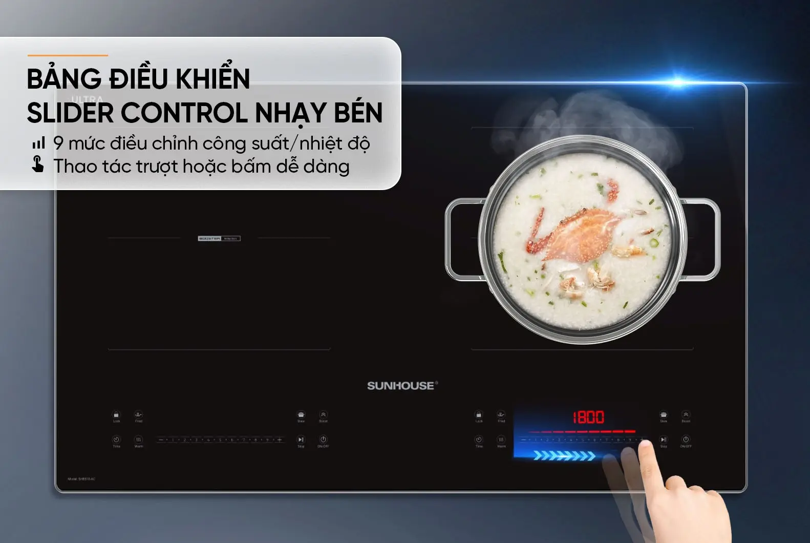 Bảng điều khiển Slider Control của bếp điện từ đôi SUNHOUSE SHB518-AC