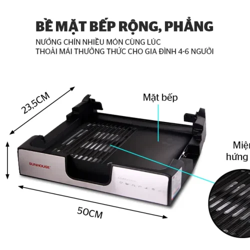 Kích thước mặt bếp rộng của bếp nướng điện SUNHOUSE SHD4603 1500W