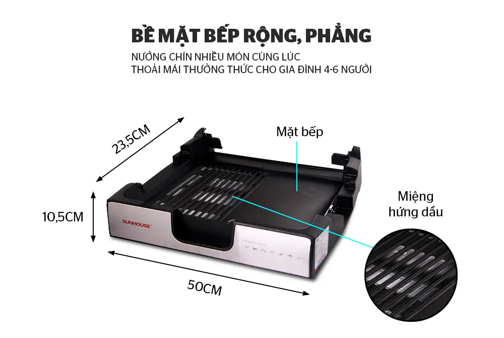 Kích thước mặt bếp rộng của bếp nướng điện SUNHOUSE SHD4603 1500W