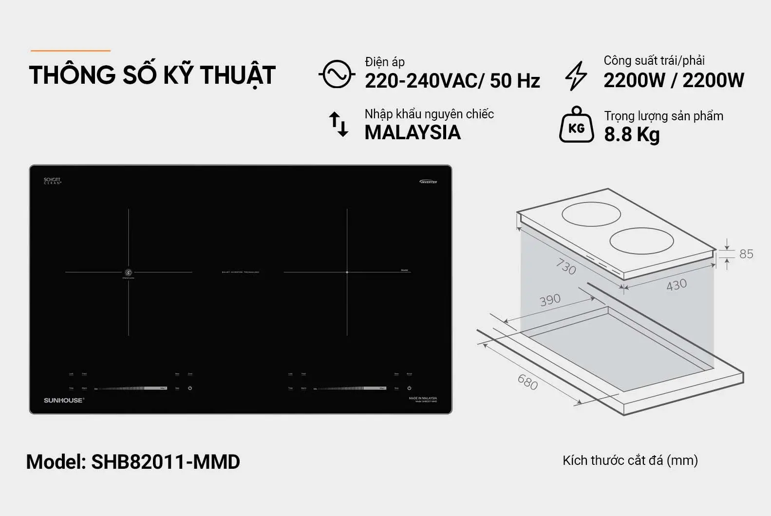 Bếp điện từ đôi 2 loại SUNHOUSE SHB82011-MMD - 2200W/2200W, Cảm ứng - Ảnh 7