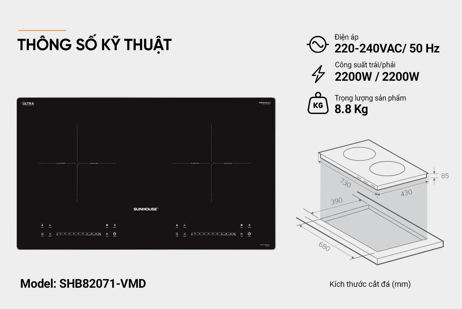 Bếp điện từ đôi 2 loại SUNHOUSE SHB82071-VMD - 2200W/2200W, Cảm ứng - Ảnh 10