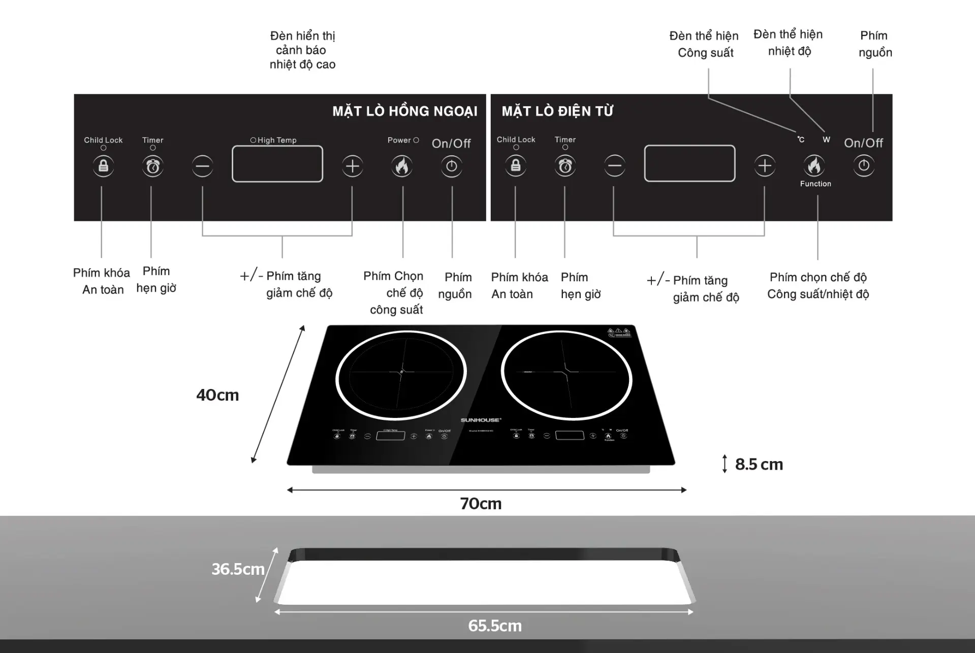 Bếp điện từ đôi 2 loại SUNHOUSE SHB9002-EC - 2000W/2000W, Cảm ứng - Ảnh 10