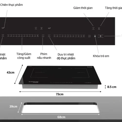 Bảng điều khiển và kích thước lắp đặt bếp điện từ đôi SUNHOUSE MMB-01I