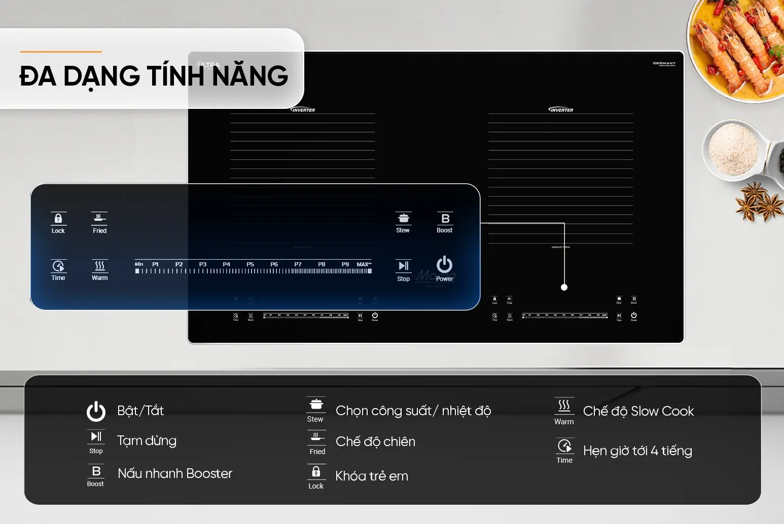 Tính năng điều khiển Bếp điện từ đôi SUNHOUSE MMB-88HL