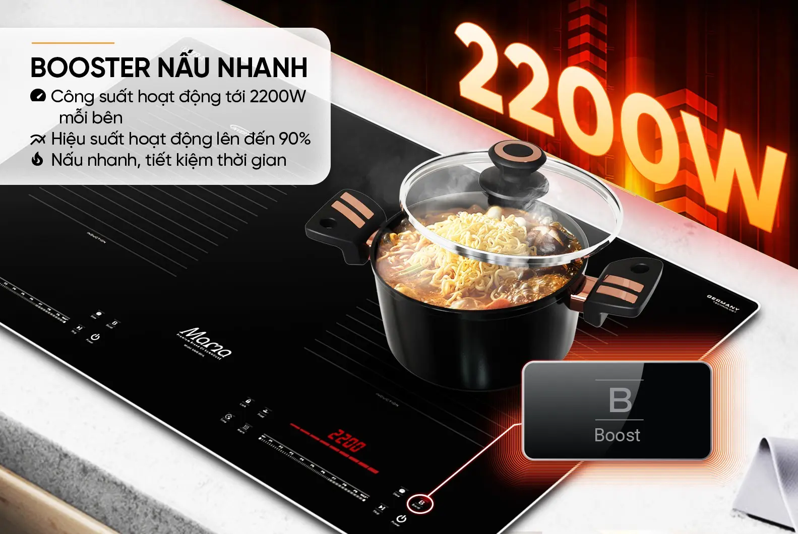 Bếp điện từ đôi SUNHOUSE MMB-88HL với nồi nấu trên mặt bếp góc nghiêng