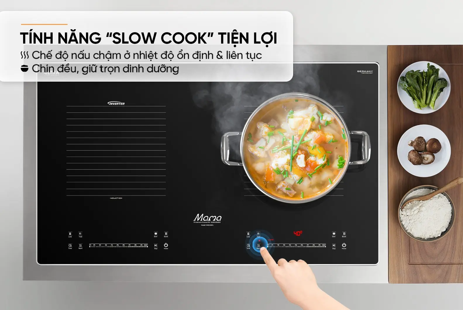 Bếp điện từ đôi SUNHOUSE MMB-88HL nhìn từ mặt trên khi nấu ăn