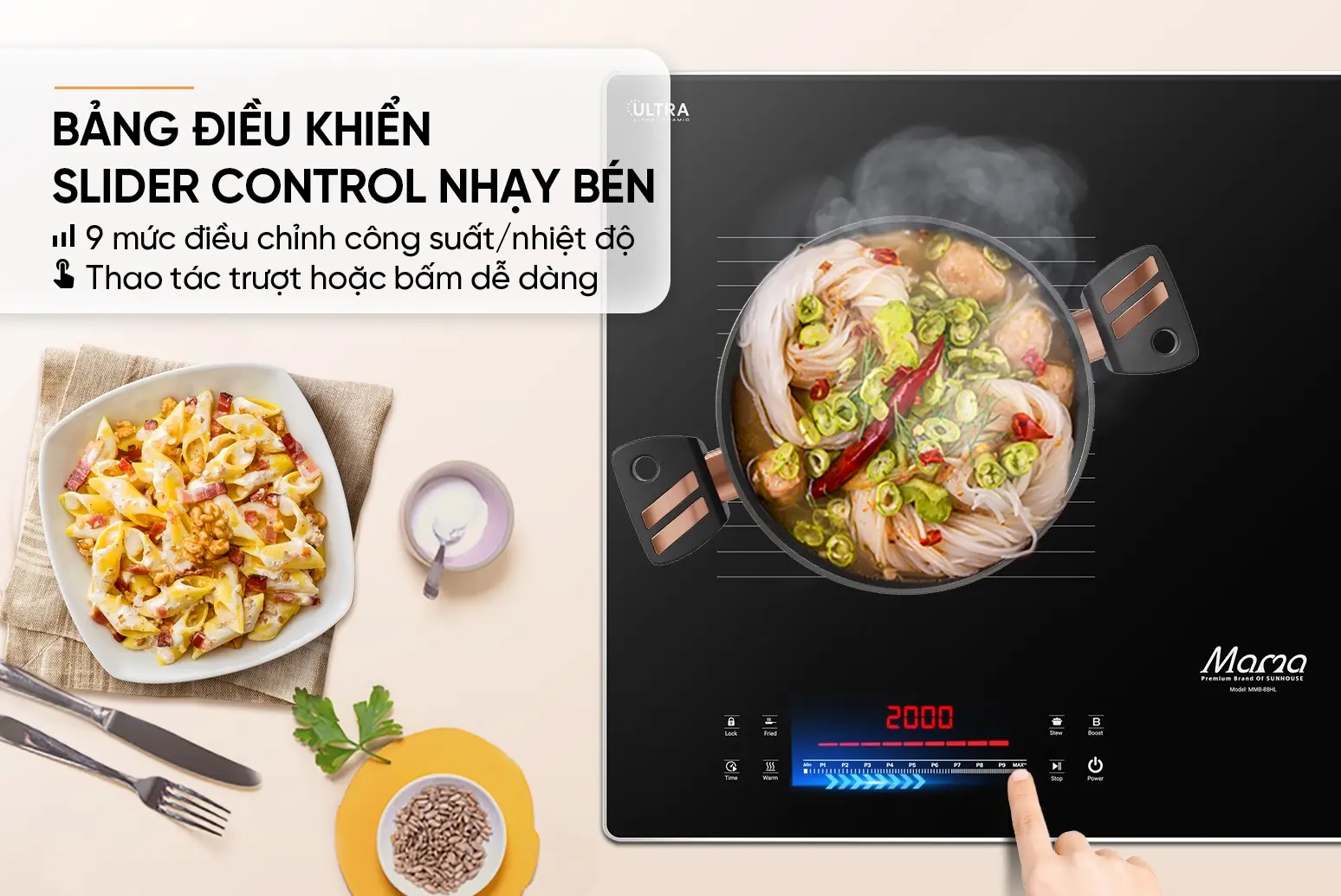Bếp điện từ đôi SUNHOUSE MMB-88HL bảng điều khiển Slider Control 9 mức