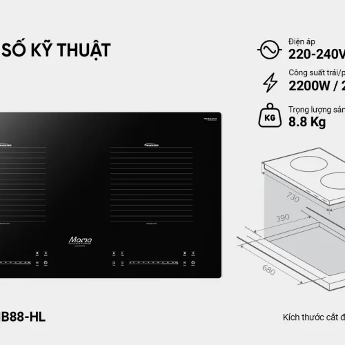 Bếp điện từ đôi SUNHOUSE MMB-88HL kèm sơ đồ kích thước lắp đặt