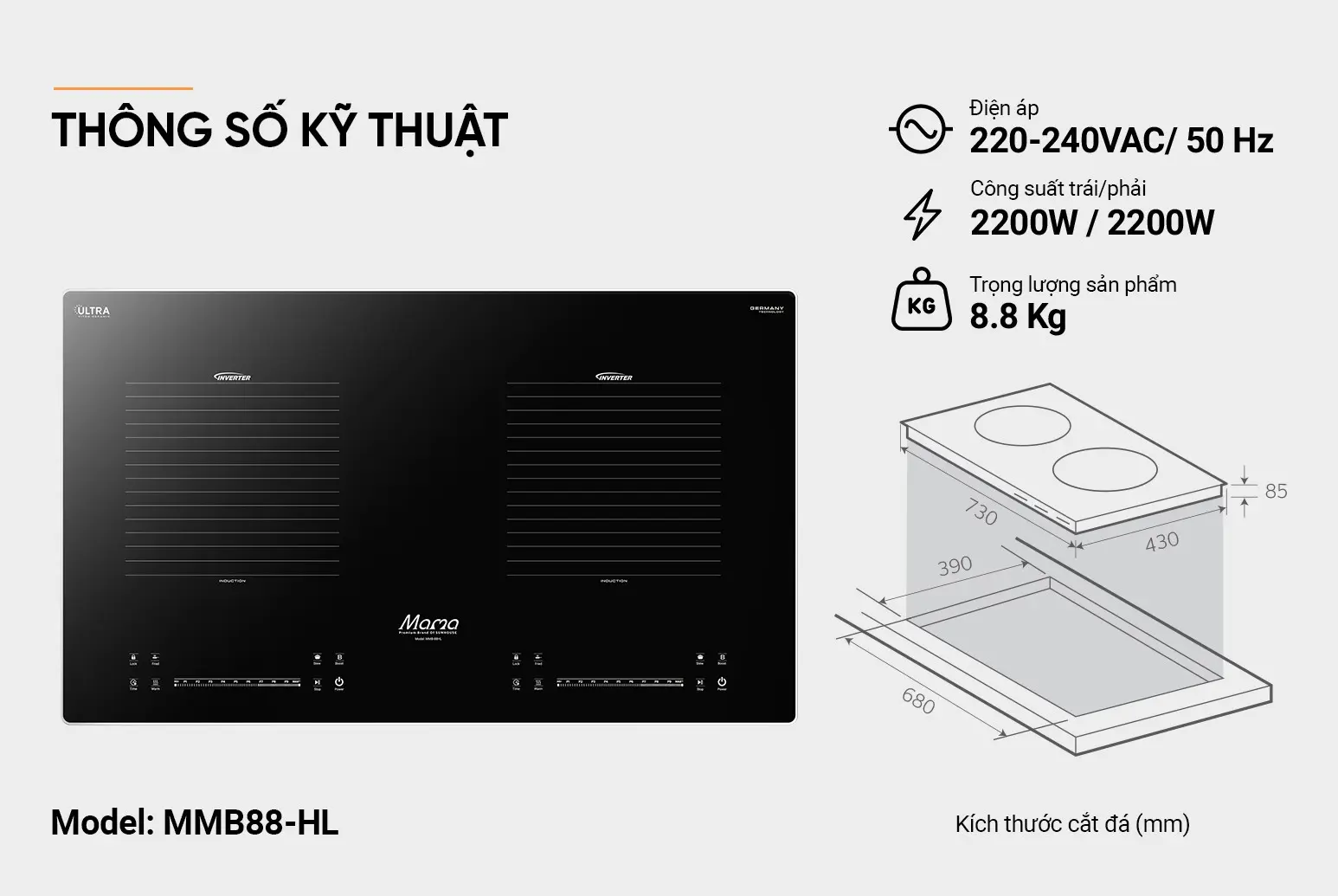 Bếp điện từ đôi SUNHOUSE MMB-88HL kèm sơ đồ kích thước lắp đặt