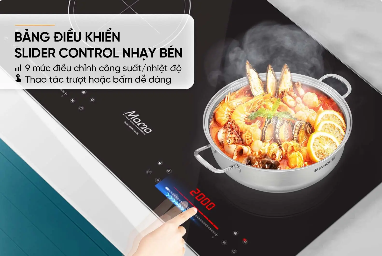 Bảng điều khiển Slider Control 9 mức của bếp điện từ đôi SUNHOUSE MMB52024BN