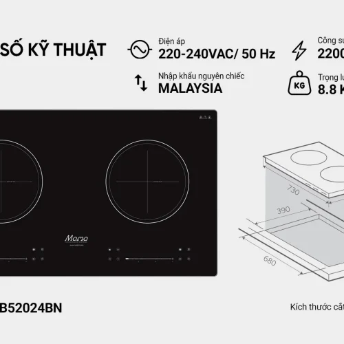 Thông số kỹ thuật bếp điện từ đôi SUNHOUSE MMB52024BN công suất 2200W mỗi vùng nấu