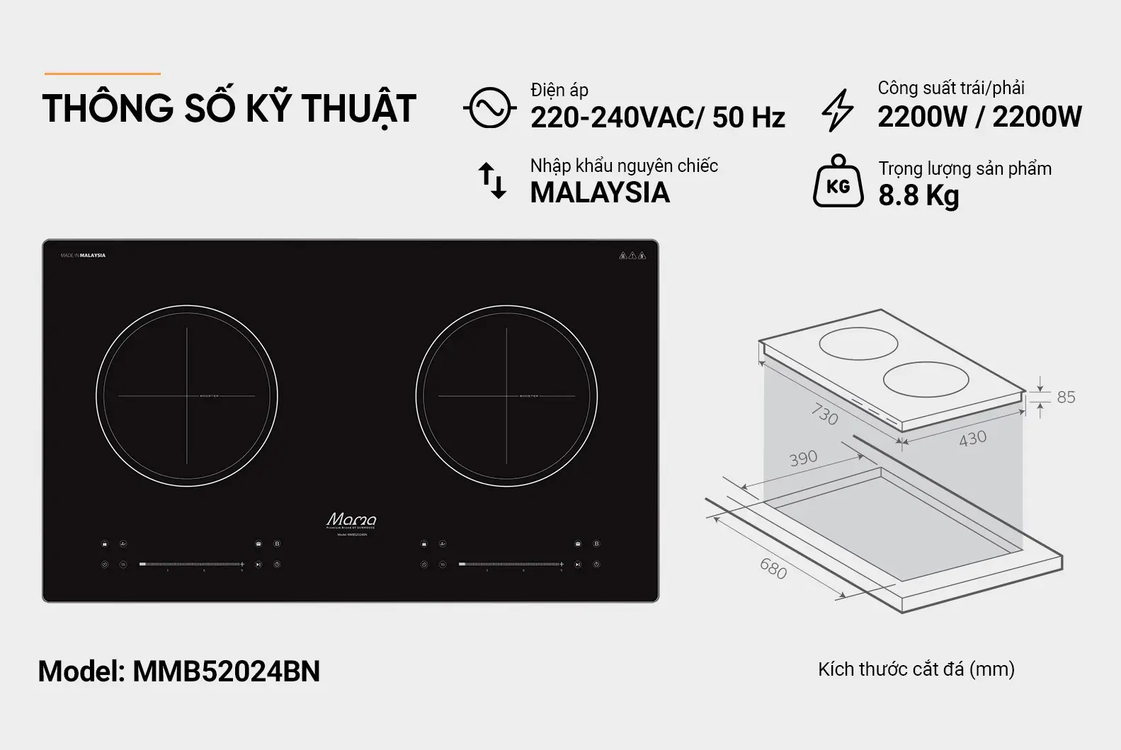 Thông số kỹ thuật bếp điện từ đôi SUNHOUSE MMB52024BN công suất 2200W mỗi vùng nấu