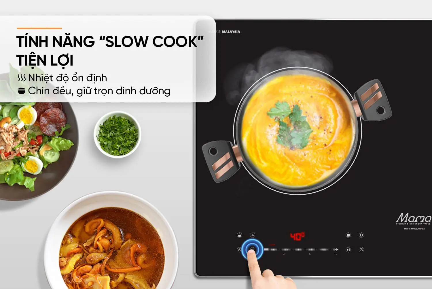 Bếp điện từ đôi SUNHOUSE MMB52024BN với tính năng Slow Cook nấu chậm