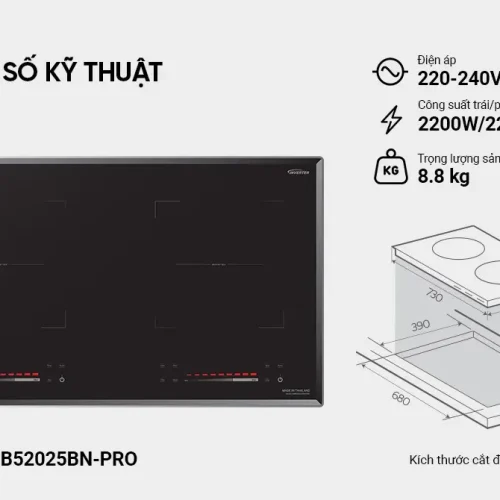 Bếp điện từ đôi SUNHOUSE MMB52025BN-PRO kèm thông số kỹ thuật và kích thước lắp đặt