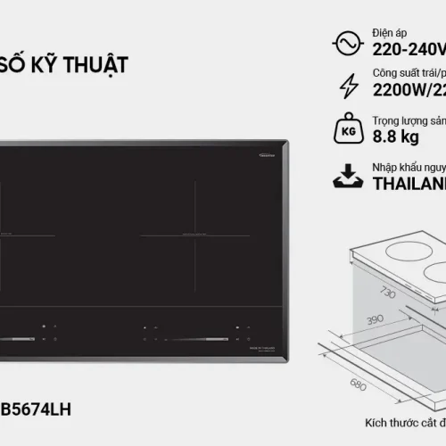 Bếp điện từ đôi SUNHOUSE MMB5674LH kèm thông số kỹ thuật và kích thước lắp đặt