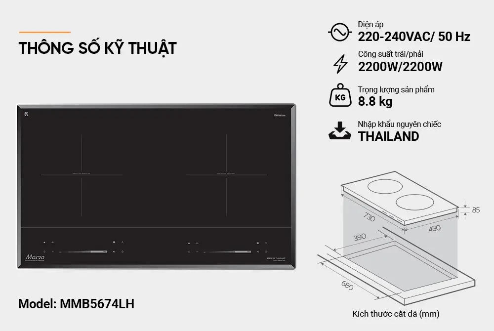 Bếp điện từ đôi SUNHOUSE MMB5674LH kèm thông số kỹ thuật và kích thước lắp đặt