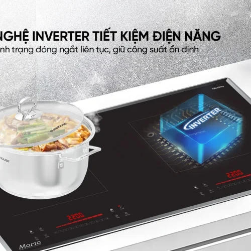 Bếp điện từ đôi SUNHOUSE MMB568 với minh họa công nghệ Inverter