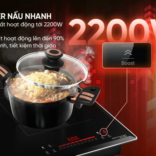 Bếp điện từ đôi SUNHOUSE MMB568 với nồi đặt trên mặt bếp
