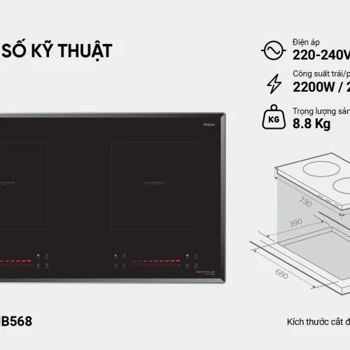 Bếp điện từ đôi SUNHOUSE MMB568 kèm thông số kỹ thuật và kích thước lắp đặt