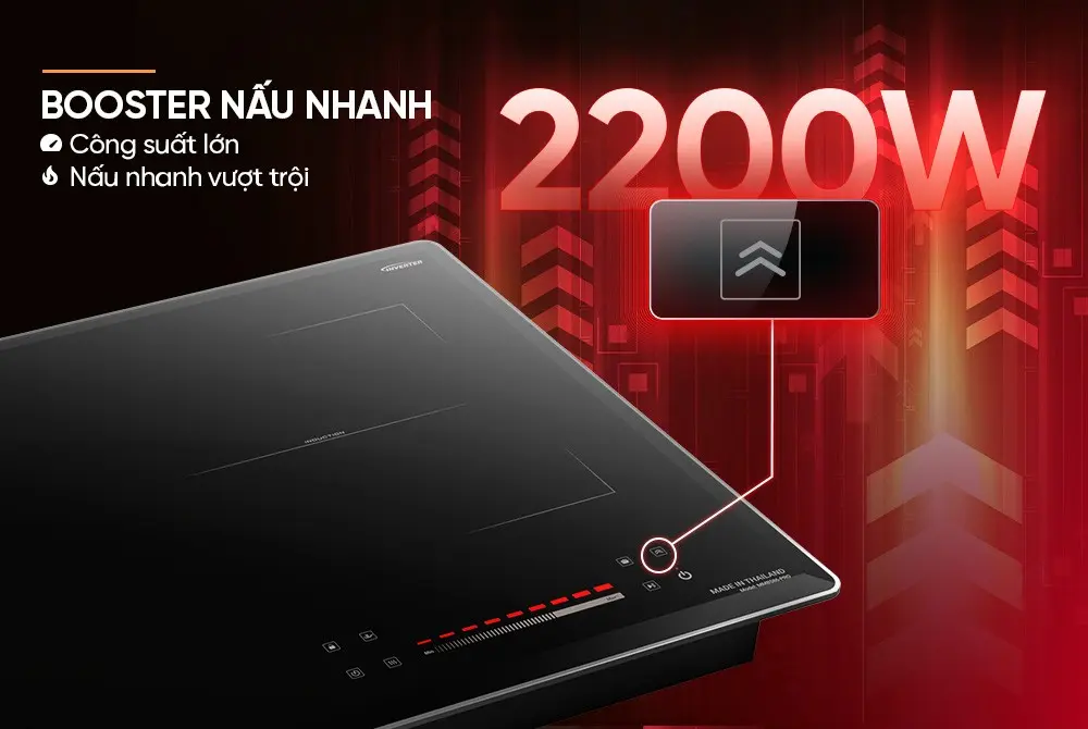 Bếp điện từ đôi SUNHOUSE MMB586-PRO hiển thị chế độ Booster 2200W