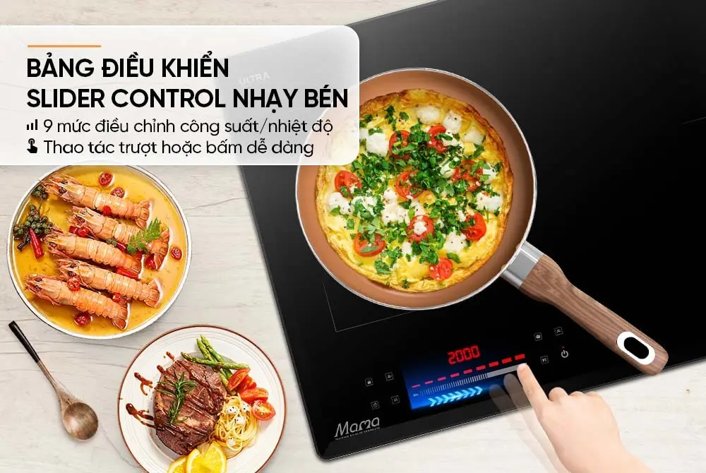 Bếp điện từ đôi SUNHOUSE MMB586-PRO nhìn từ trên với bảng điều khiển