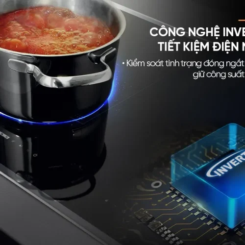 Bếp điện từ đôi SUNHOUSE MMB5866 với nồi đặt trên vùng nấu