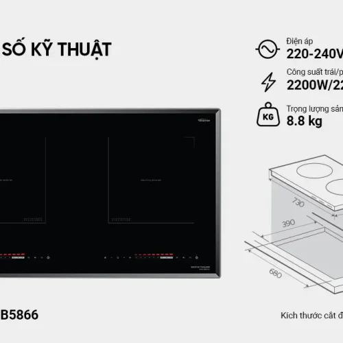 Bếp điện từ đôi SUNHOUSE MMB5866 cùng thông số kỹ thuật và kích thước lắp đặt