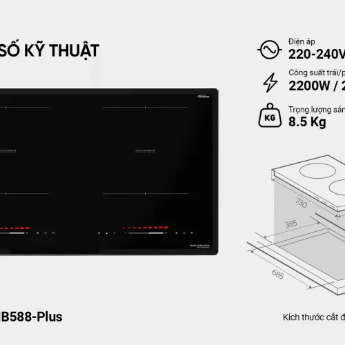 Bếp điện từ đôi SUNHOUSE MMB588-Plus hiển thị thông số kỹ thuật và kích thước.