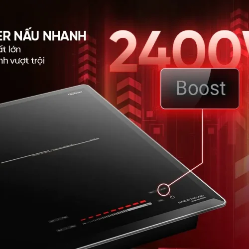 Bếp điện từ đôi SUNHOUSE MMB5886 hiển thị chế độ Boost trên nền đỏ