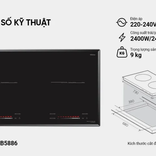 Thông số kỹ thuật bếp điện từ đôi SUNHOUSE MMB5886 và kích thước lắp đặt