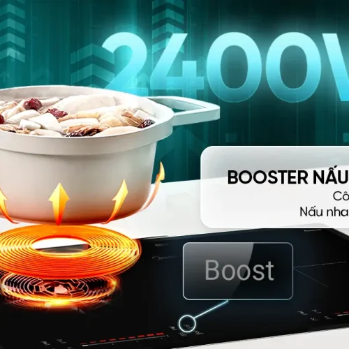Bếp điện từ đôi SUNHOUSE MMB5889 minh họa vùng nấu và nồi