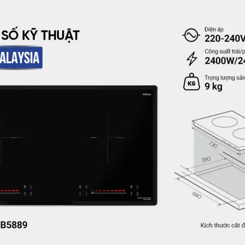 Bếp điện từ đôi SUNHOUSE MMB5889 kèm thông số kỹ thuật và kích thước
