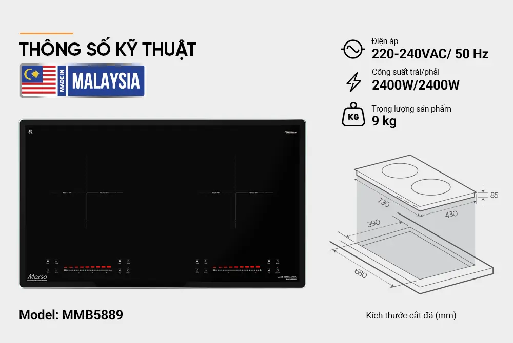 Bếp điện từ đôi SUNHOUSE MMB5889 kèm thông số kỹ thuật và kích thước