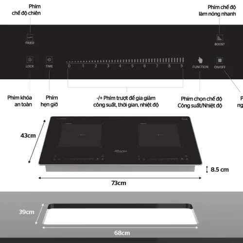 Bếp điện từ đôi SUNHOUSE MMB666-PLUS mặt kính đen, kích thước 68 x 39 cm