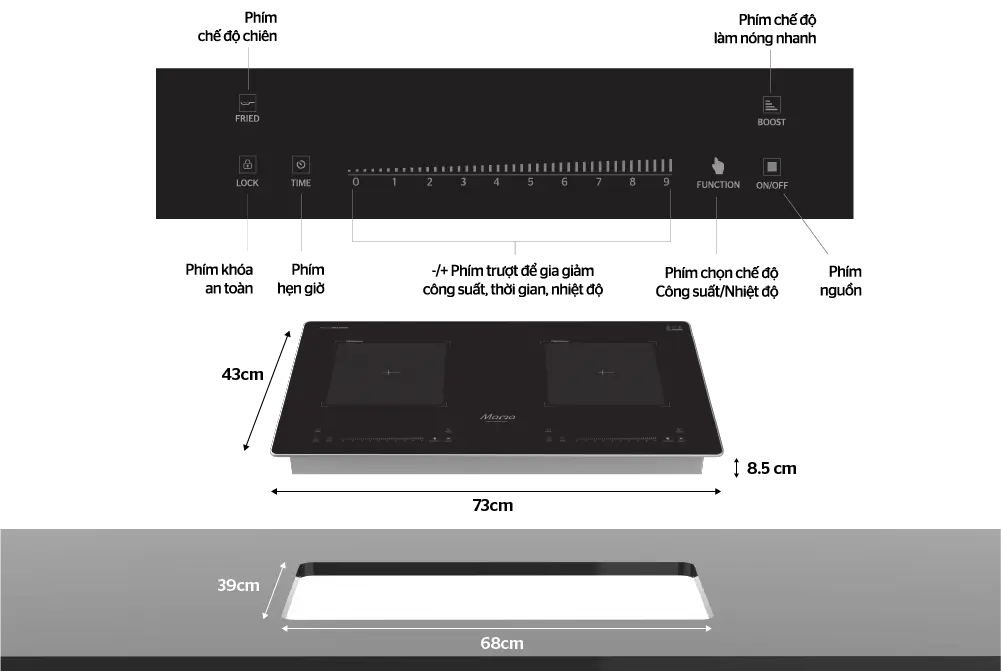 Bếp điện từ đôi SUNHOUSE MMB666-PLUS mặt kính đen, kích thước 68 x 39 cm