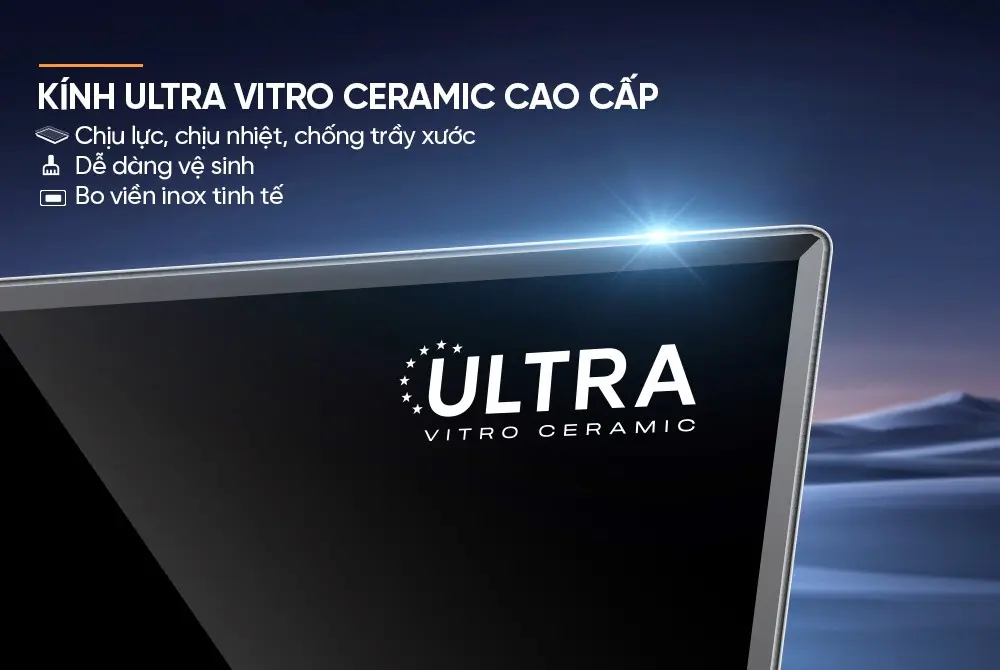 Cận cảnh mặt kính Ultra Vitro Ceramic và viền inox của bếp điện từ đôi SUNHOUSE MMB82052-TMD