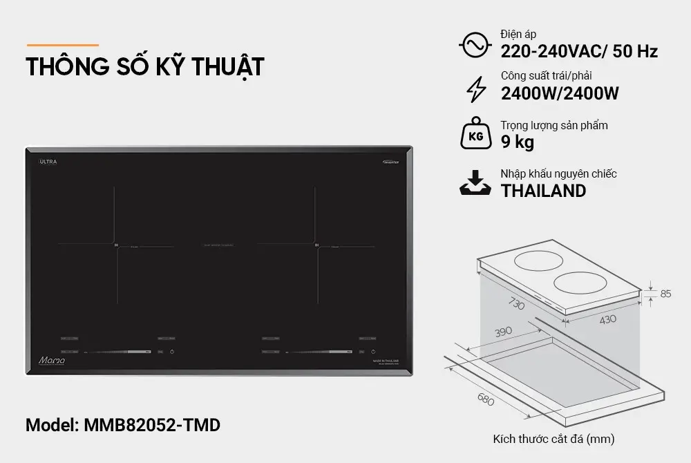 Thông số kỹ thuật bếp điện từ đôi SUNHOUSE MMB82052-TMD công suất 2400W mỗi bên