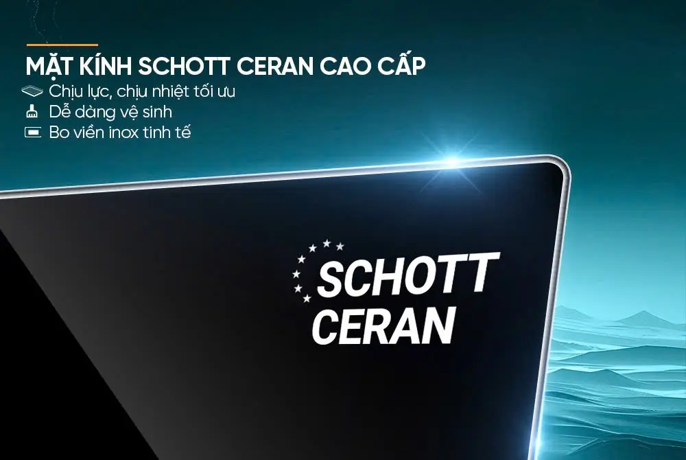 Cận cảnh mặt kính Schott Ceran của bếp điện từ đôi SUNHOUSE MMB82102-TMT